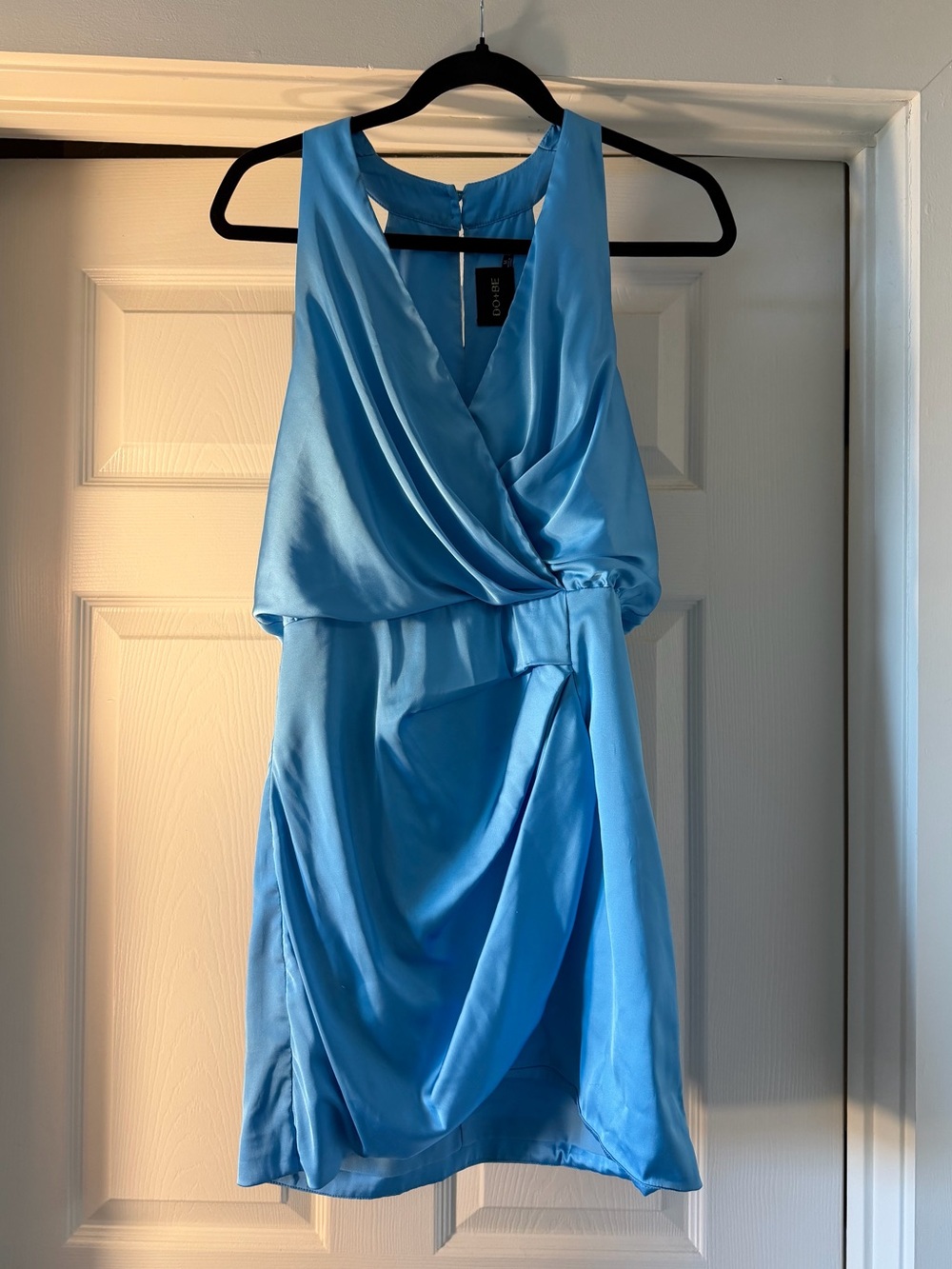 DO+BE Sky Blue Satin Wrap Mini Dress